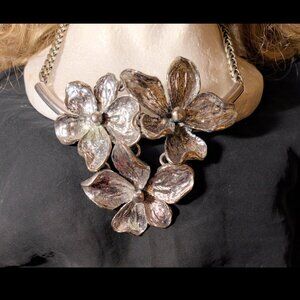 Vintage 90s Silver Tone Triple Flower Statement Necklace